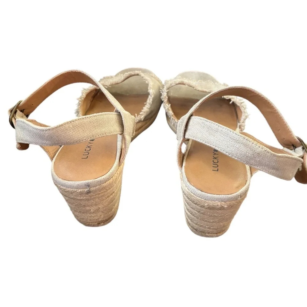 Lucky Brand Mindra Linen Espadrille Wedge Sandals Tan Fringe 9M LK-MINDRA
